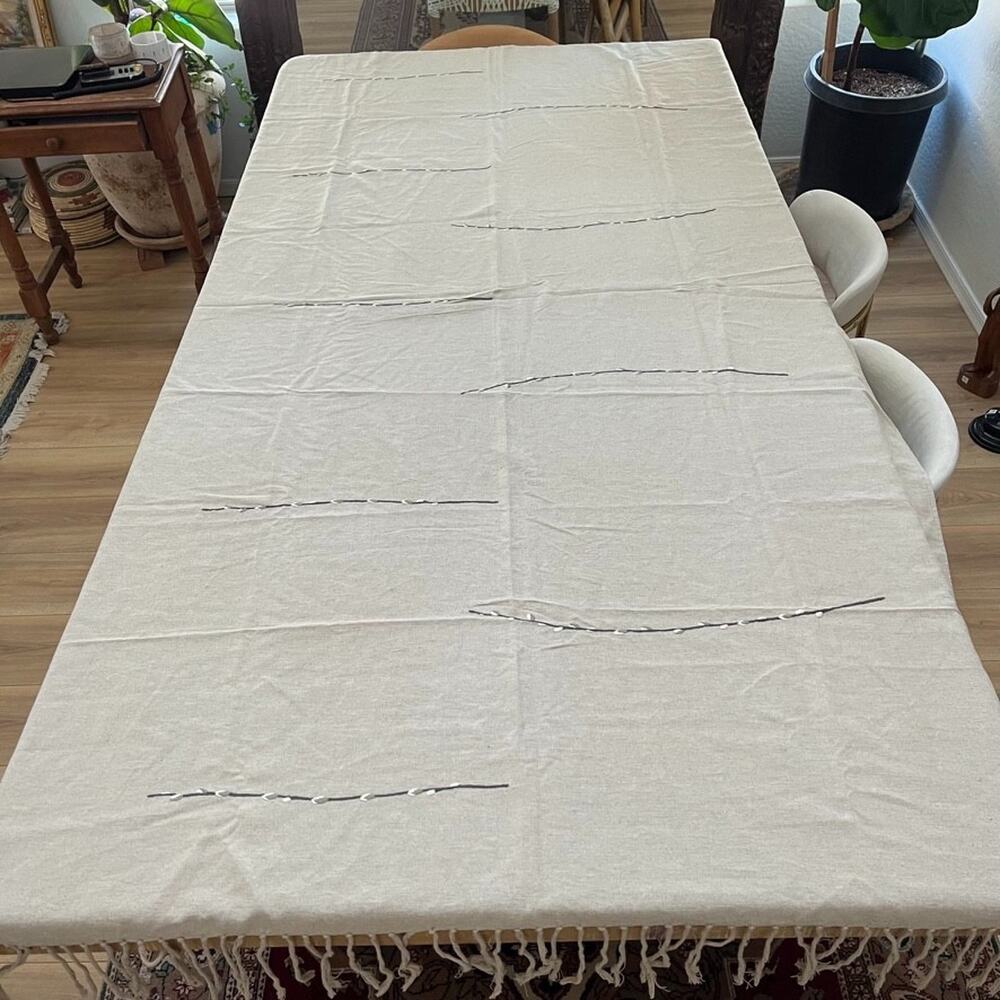 Heavyweight Taupe Linen Tablecloth with Fringe Embroidered Leaves 86" x 49"